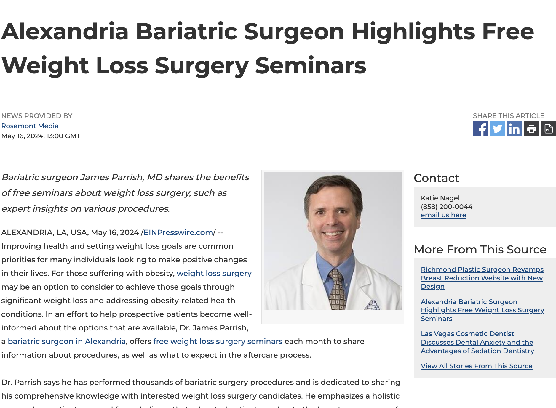 Alexandria bariatric surgeon shares the benefits of free informational seminars about weight loss surgery.